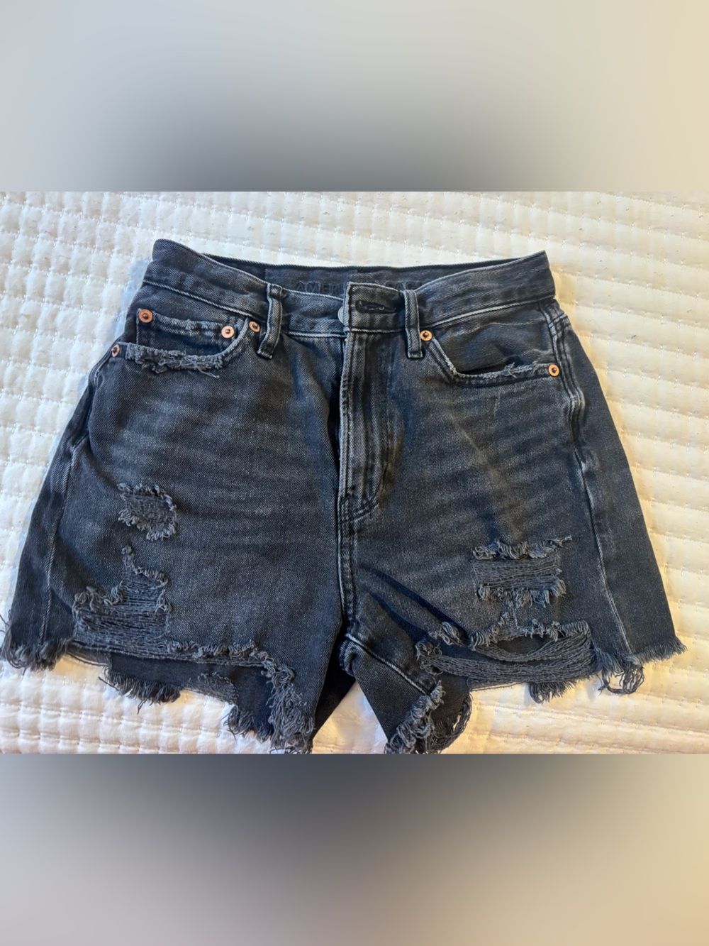 American Eagle Outfitters Washed Black High-Waist Distressed Denim Shorts
